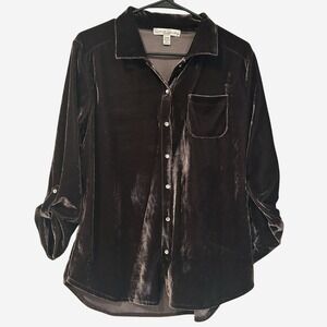 French Laundry Velvet Button Up Top Sz P M Brown Pocket Rhinestone Fairy Grunge